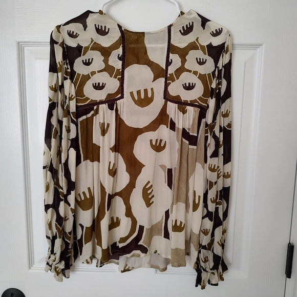 Anthropologie Bl^nk Miranda Peasant Blouse Brown Cream Small - Picture 3 of 13